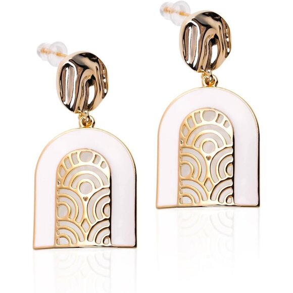 White & Gold Earrings for Women Sparkly Geometric Dangle Drop Statement Jewelry - Picture 1 of 7